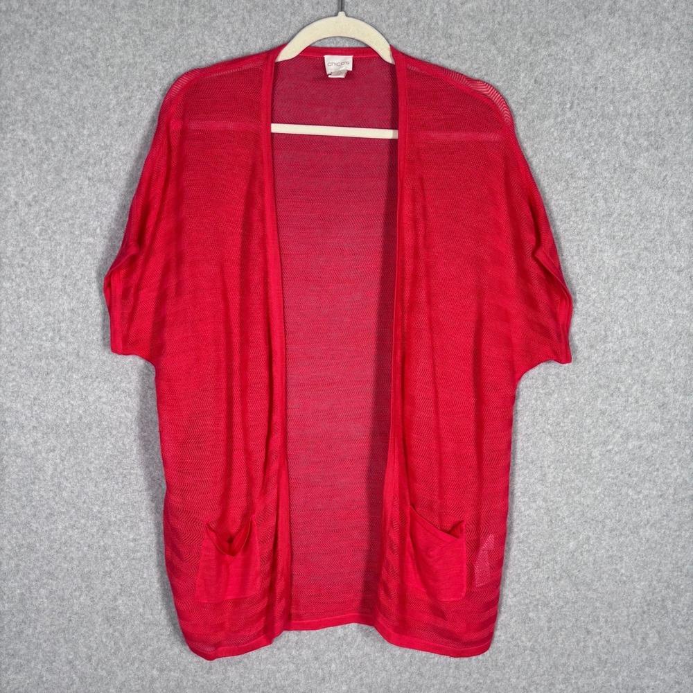 Chicos Open Knit Sheer Cardigan Small Red Pocket Summer Resort Cruise Casual